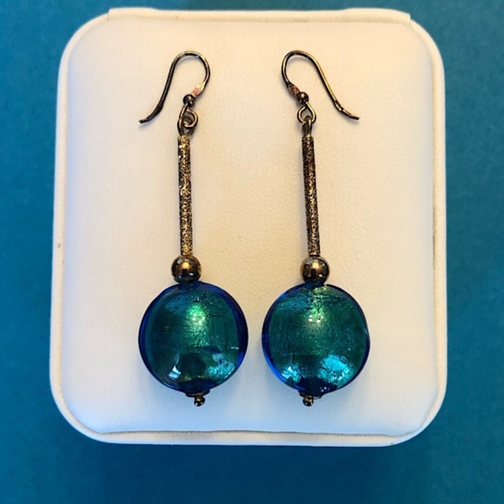 Dichroic Deep Teal Glass Teal & Gold Stardust Drop Earrings Sterling 2 inch Drop